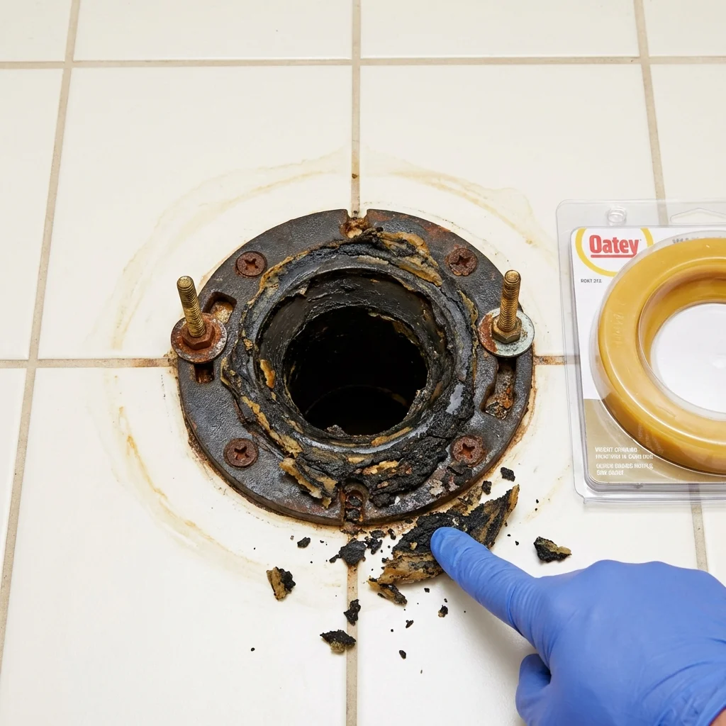 Failed wax ring showing water seepage at the base of a toilet in a Rocky Mount, VA home