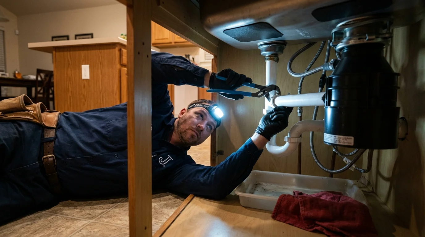 P-trap and supply line connections under a kitchen sink showing a common leak point in Rocky Mount, VA